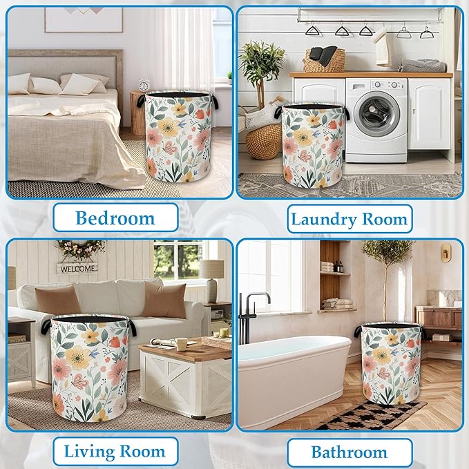 Floral Print Laundry Basket Collapsible Laundry Hamper with Handle, Waterproof Oxford Cloth Storage Bin for Bathroom/Bedroom/Dormitories 16 X 20.8 Inch