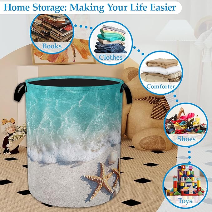 Sea Beach Starfish Laundry Basket Collapsible Laundry Hamper, Oxford Cloth Storage Bin for Room/Bathroom/Bedroom/Dormitories 16" X 20.8"