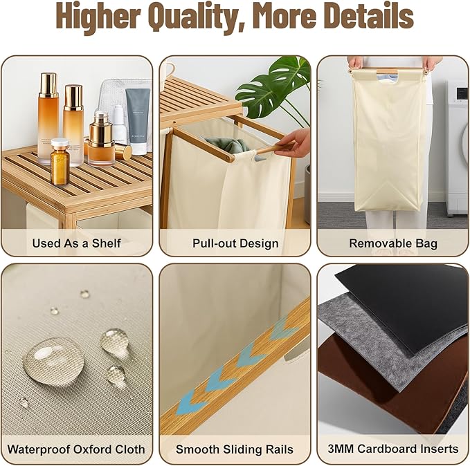 Bamboo Laundry Hamper 3 Section with Lid, 150L Laundry Sorter with Pull-Out Removable Washable Bags, 3 × 12.5 Gal Divided Laundry Baskets for Laundry Room, Bathroom (Beige)