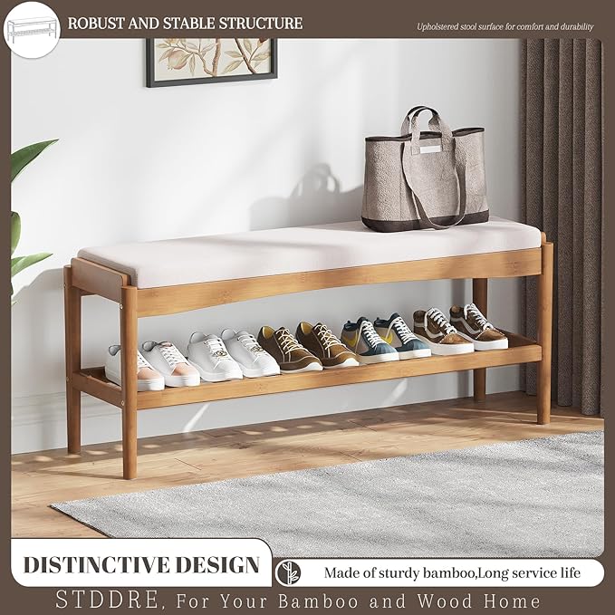 Shoe Bench Entryway Bamboo 2-Tier Shoe Rack with Cushion Padded Seat Shoe Bench Organizer Stable for Entry, Hallway, Living Room, Bedroom, Closet (39.4 * 11.4 * 16.5IN, Brown-Beige)