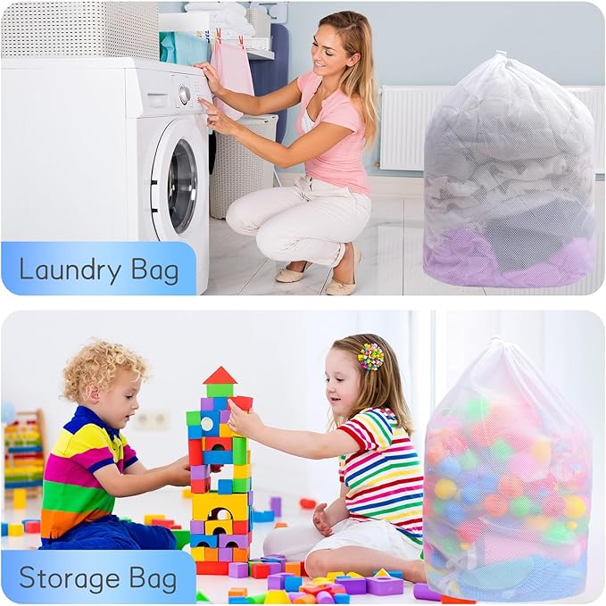 2 Pack Mesh Laundry Bags, Large Laundry Drawstring Bag Heavy Duty Large Mesh Laundry Bag with Drawstring Closure for College, Dorm, Travel, Family and Apartment Dwellers, White