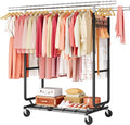 Hoctieon 2-Minute Assembly Double Rod Clothes Rack, Heavy Duty Rolling Clothing Racks with Wheels, Foldable Commercial Garment Rack, Extendable Hanging Bar, Adjustable Metal Pole with Hooks, Black