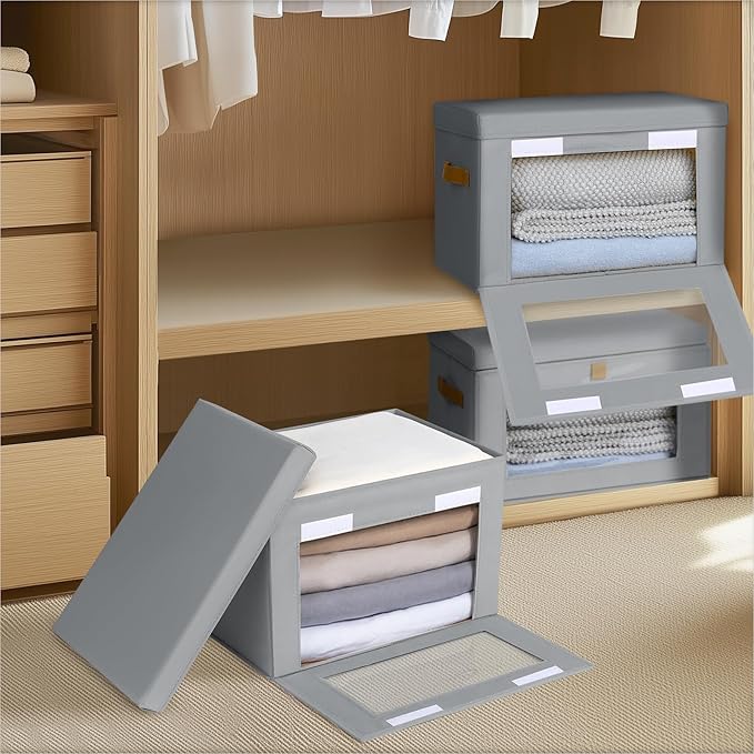 Small Fabric Storage bins - Collapsible Storage Bins with Open Window, 2 Pack Closet Baskets for Shelves, Stackable Decorative Boxes for Home, Dorm, Grey, 13.7"x 9.8" x 9.8"