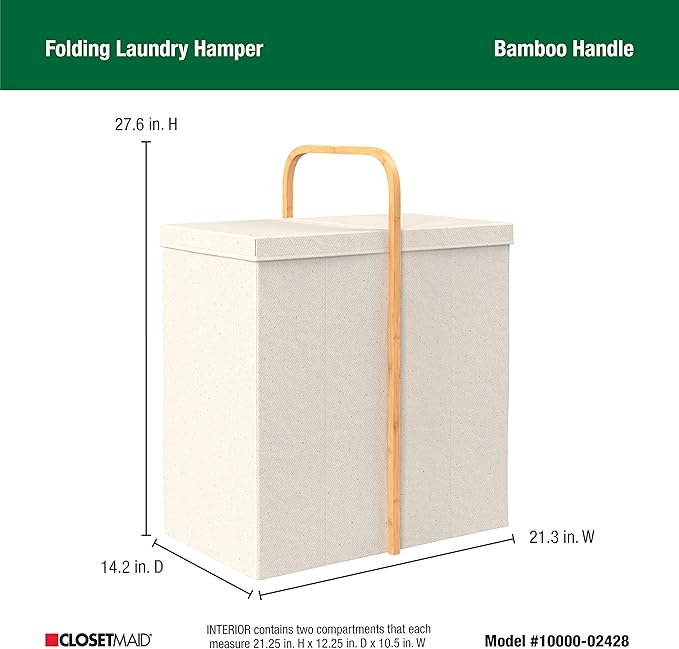 ClosetMaid Laundry Hamper Basket, Foldable with Lid, Two Compartments, Bamboo Handle, Portable, Collapsible Design, Freestanding, Beige