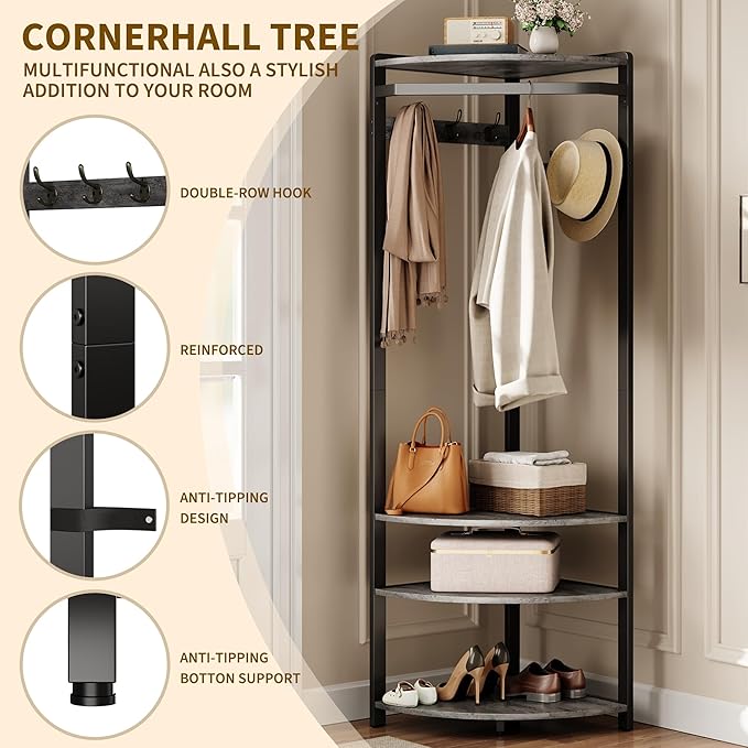 GarveeHome Corner Coat Rack with Shoe Bench Entryway, Corner Hall Tree with 6 Double Hooks, Corner Clothes Rack with Storage Corner Tree with Organizer Shoe Bench Shelf for Entryway, Hallway, Closet