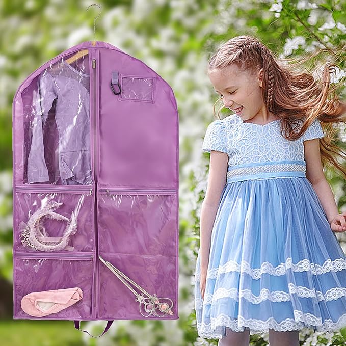 2 Pack Garment Bags for Travel,Dance Costumes Bag,40Inch Garment Bag for Dancers,Kids Cheer Uniform Garment Bags for Hanging Clothes,Dance Recital Bags for Girls,Purple