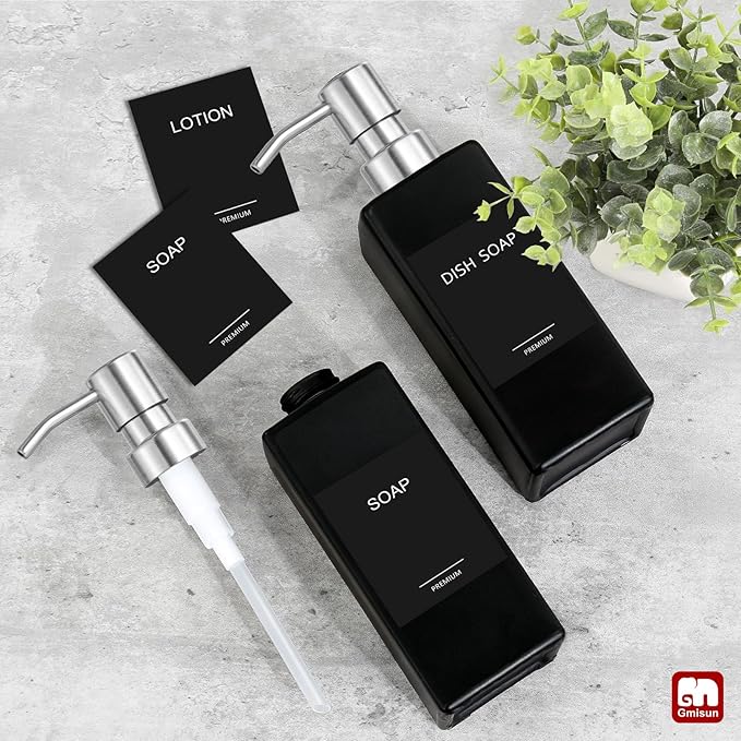 GMISUN Black Soap Dispenser, Hand Soap Dispenser Bathroom, 12 fl oz/350ml Glass Soap Dispensers with Stainless Steel Pump, Refillable Liquid Dish Dispenser for Kitchen, Modern Soap and Lotion Bottles