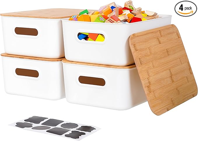 Citylife 4 PCS Storage Bins with Bamboo Lids Plastic Storage Containers for Organizing Stackable Storage Box with Handle, 15.12 x 10.67 x 5.98 inch