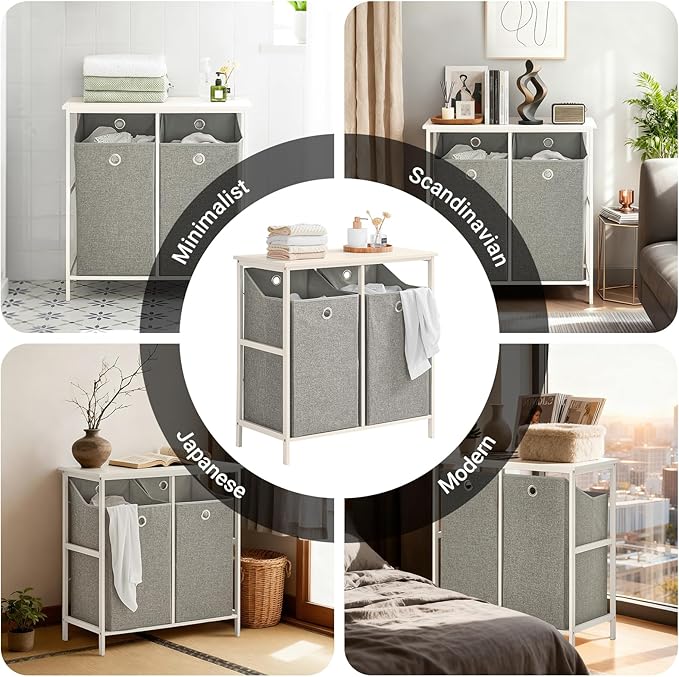 Haotian Laundry Hamper with Shelf, Laundry Basket, Laundry Sorter with 2 Pull-Out and Removable Bags for Laundry Room Bathroom Storing Rack Simple Design, BZR57-W