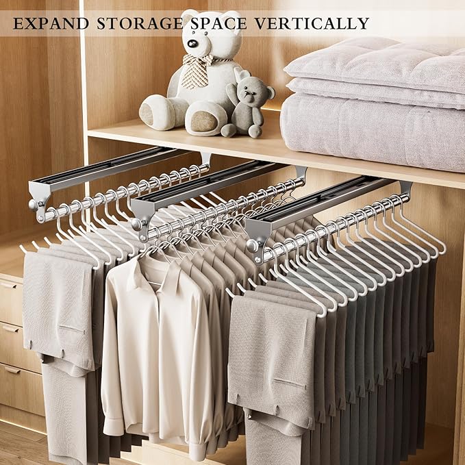 2 Pack Pull Out Closet Rod, 15.7inch Heavy Duty Pants Rack, Adjustable Clothes Hanger Rail, Space Aluminum Valet Rod, Top Mounted Wardrobe Clothes Organizer, Closet Storage for Trousers Coats Gray