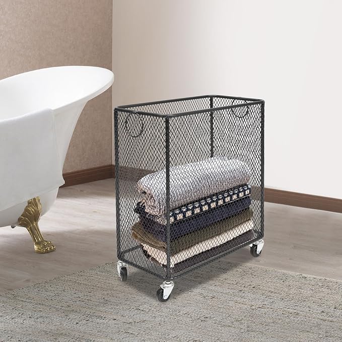 Wire Metal Rolling Laundry Basket On Wheels,Mesh Wire Laundry Basket Storage Cart for Bathroom Bedroom Dirty Clothes Storage (B)