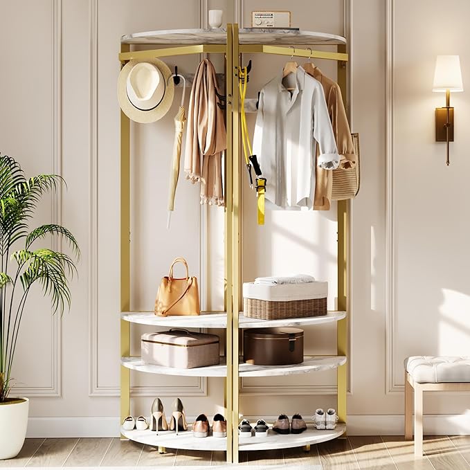Hallway Coat Rack with 6 Double-Row Hooks and 4 Storage Shelves – Multifunctional Clothes Rack and Shoe Organizer Perfect for Entryway, Hallway and Closet, White & Gold