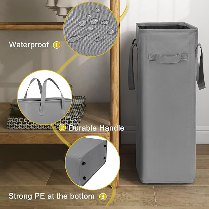 Chrislley 45L Slim Laundry Hamper Narrow Laundry Basket with Handle Foldable Dirty Clothes Portable Skinny Hamper Organizer Storage Bins (22 inches, grey)