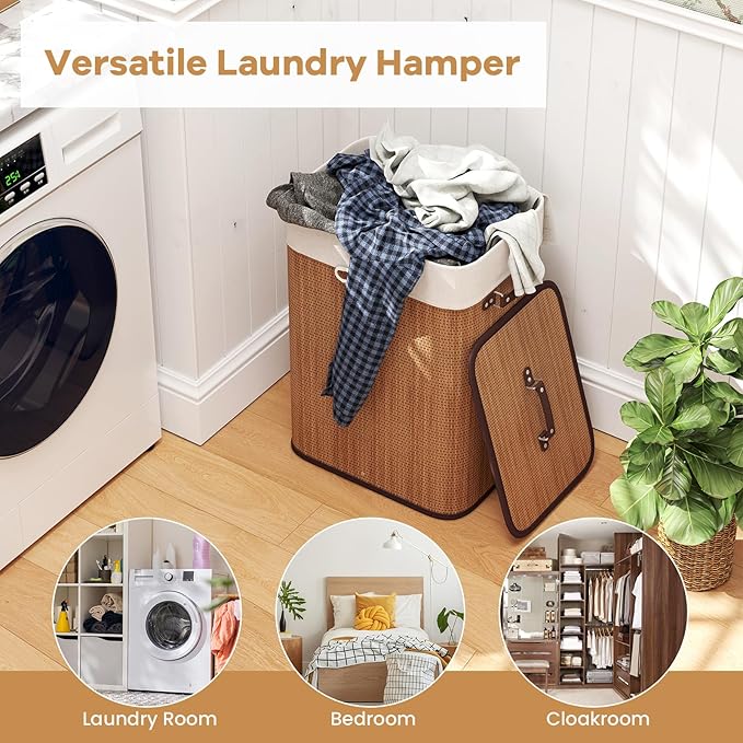 Giantex Bamboo Laundry Hamper with Lid, 72L Large & Tall Clothes Hamper with Removable Liner & Handles, Rectangular Laundry Basket for Small Spaces, Laundry Room, Bedroom