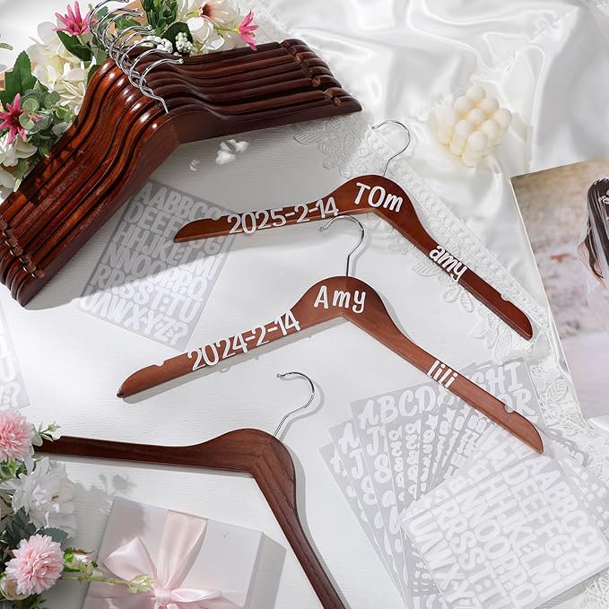 Personalized Bride Hanger for Wedding Dress, Wooden Bridesmaid Hangers 10 Pack and 15 Pcs Letter Stickers for Tuxedo Suit Wedding Gift Bridal Party Shower DIY Special Names Dates(Retro)
