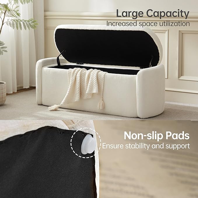 VKNOW Storage Ottoman Bench, 46" Upholstered Oval End of Bed Bench Ottomans Bench Foot Rest, Sherpa Storage Bench for Bedroom, Living Room and Hallway, Beige
