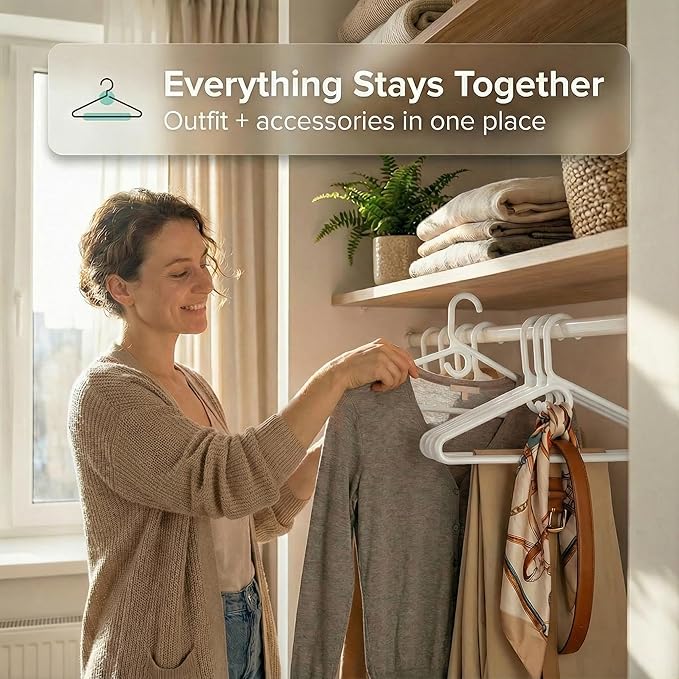 DEILSY™ White Heavy Duty Hangers with Hooks for Scarves & Belts – Thick and Strong Clothes Hangers for Shirts, Jackets, Pants, and Dresses – Space-Saving Plastic Hangers – Pack of 50