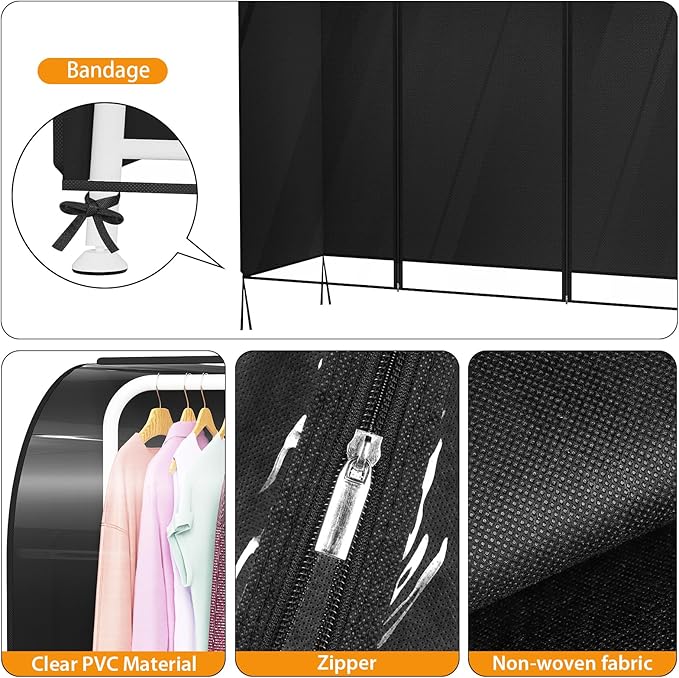 Kntiwiwo Clear Garment Rack Cover, Clothes Rack Cover Clothing Rack Cover with Durable Zippers for Garment Rack, Clothes Rack, Black, 72"L x 20"W x 60"H (Rack Not Included)