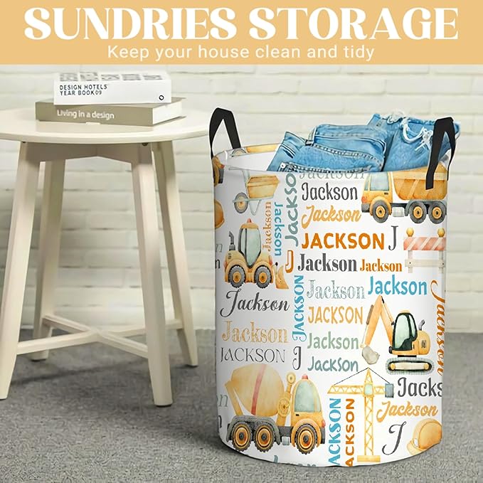 Personalized Construction Truck Laundry Basket, Custom Laundry Hamper With Name Gifts For Kids Baby Adults, Collapsible Dirty Clothes Storage Organizer With Handles M 19.6 X 15.7in