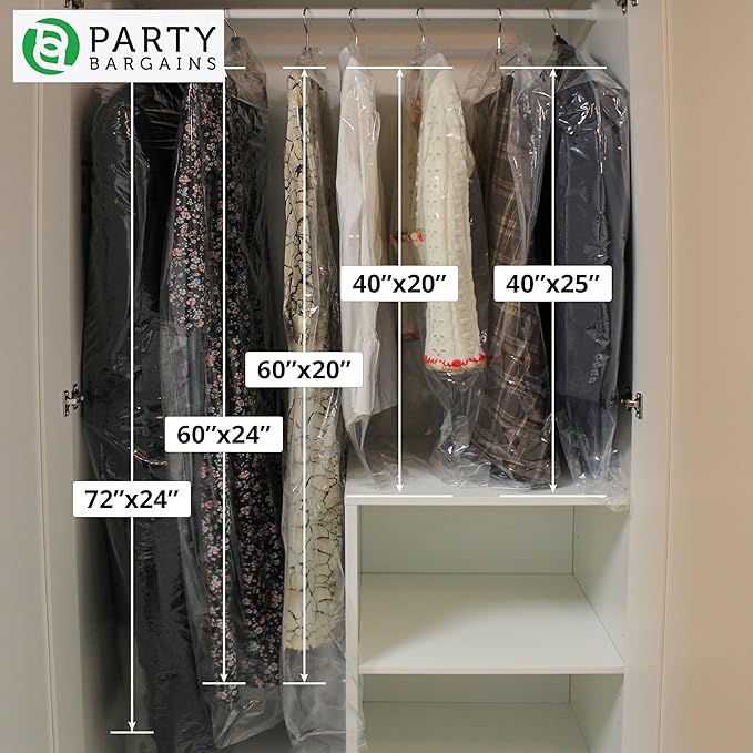PARTY BARGAINS 40 x 20 Inch Disposable Clear Garment Bags, 100 Pack – Heavy-Duty Plastic Clothes Covers for Suits Dresses Coats, Closet & Travel