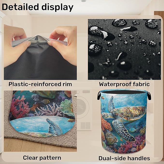 Sea Turtle Foldable Canvas Laundry Basket with Handles - Storage Organizer, Heavy Duty for Home，Bedroom, Dorm, Bathroom