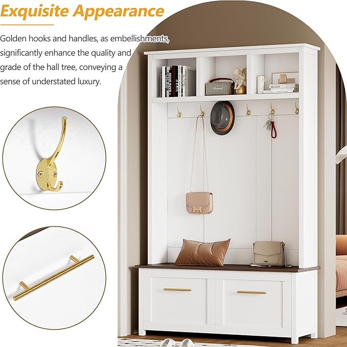 Modern Hall Tree with 6 Golden Hooks, Wood Entryway Coat Hanger with Brown Wood Grain Storage Bench and Top Open Storage Shelves, Versatile 4-in-1 Entryway Coat Rack for Entrance Hallway (White-9.8)