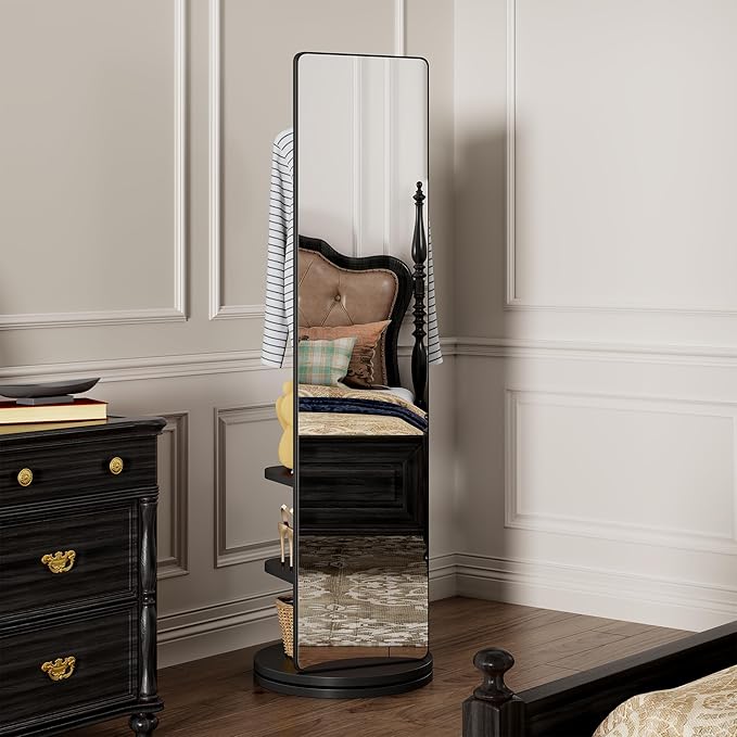 CHANCEE 360° Rotating Mirror Coat Rack, Solid Wood Standing Mirror with Storage Hooks and Shelves, Space-Saving Multifunctional Organizer for Bedroom, Living Room, or Cloakroom (Black)