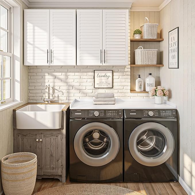 Premium Washer Dryer Countertop with Anti-Slip Pad, 54inch Laundry Room Organization Set, Stackable Storage Solution with Silicone Ironing Mat, Diatomite Mat(White)