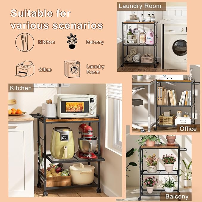 Kitchen Cart with Adjustable Shelves 3-Tier, Rolling Microwave Cart with Push Handle, Microwave Storage Stand with Drawer Slider Shelf, Utility Cart for Kitchen, Restaurant, Living Room, Office