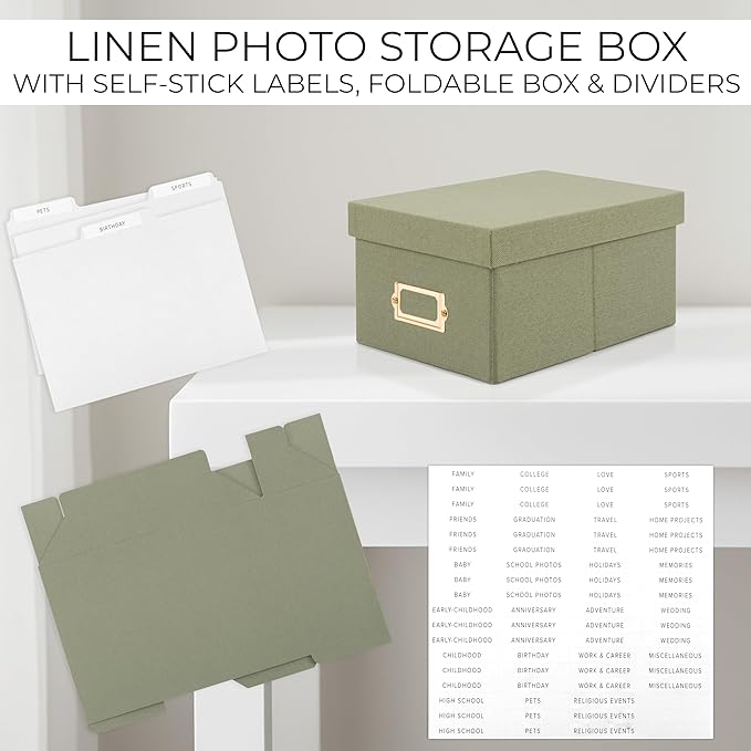 ZICOTO Decorative Photo Storage Box - Sturdy Linen Photo Organizer with Dividers is Perfect to Store Up to 850 Pictures and 4x6 Photos - Portable Scrapbook Storage Containers with Lid