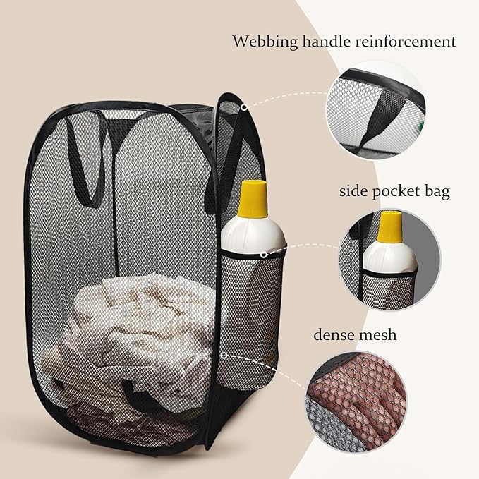 The upgraded pop-up laundry basket features a breathable side pocket mesh design, making it ideal for rooms, apartments, dormitories, travel, business trips, and children's storag(1, Black)