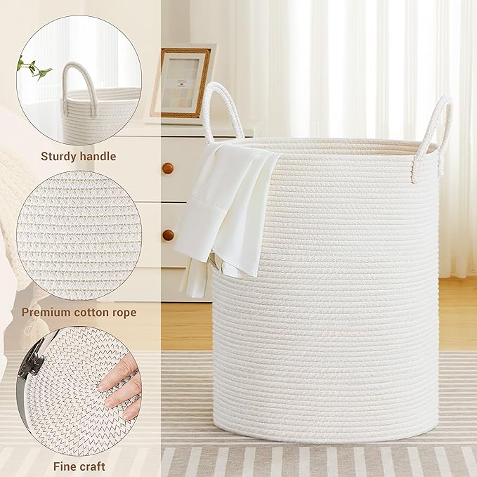Tall Laundry Basket with Handles, 88L Portable Dirty Clothes Hamper, Boho Cotton Rope Storage Bin for Blankets Kids Toys Gifts, Large Organizer for Baby Nursery Bedroom Bathroom, White