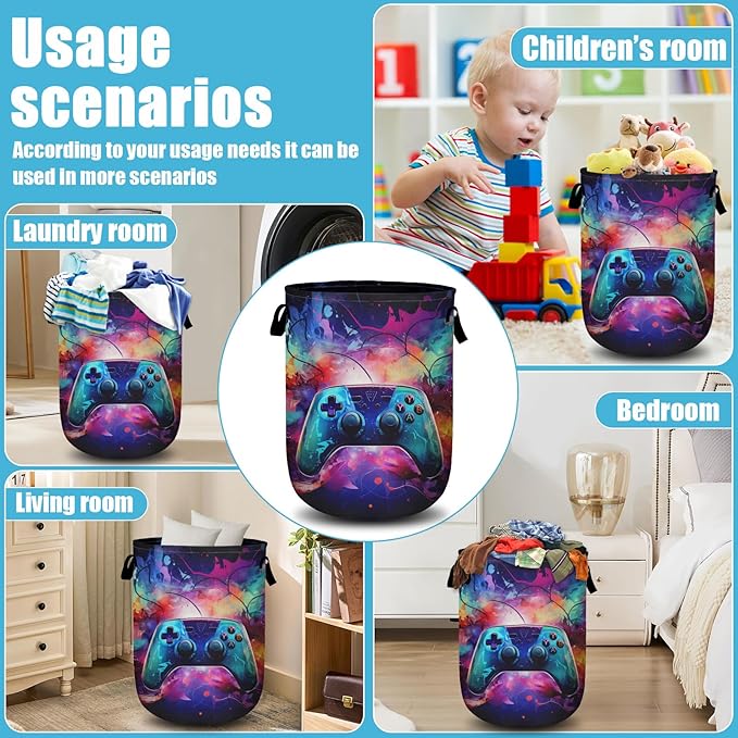 Gamepad Neon Ligh Laundry Basket, Laundry Hamper Collapsible Oxford Cloth with Handle Clothes Toy Storage Bin for Bathroom Laundry Room Bedroom 15.7 X 20 Inch