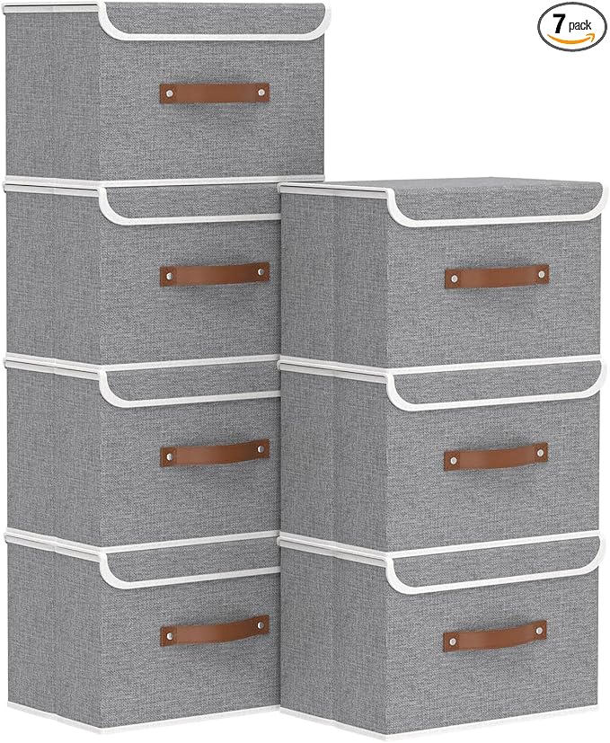 Yawinhe Collapsible Storage Bin, Cube Organizer Basket, Fabric Box with Lids, Washable and Leather Handle, for Home, Closet, Grey, 15.0''Lx9.8''Wx9.8''H, 7-Pack, USNK024GL-7