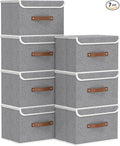 Yawinhe Collapsible Storage Bin, Cube Organizer Basket, Fabric Box with Lids, Washable and Leather Handle, for Home, Closet, Grey, 15.0''Lx9.8''Wx9.8''H, 7-Pack, USNK024GL-7