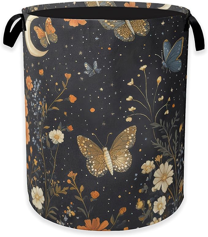Rustic Wildflower Butterfly Laundry Hamper,Gothic Garden Moon Collapsible Laundry Baskets,Waterproof Oxford Cloth Laundry Room Organization for Bedroom,Bathroom,Nursery,16x20 Inch
