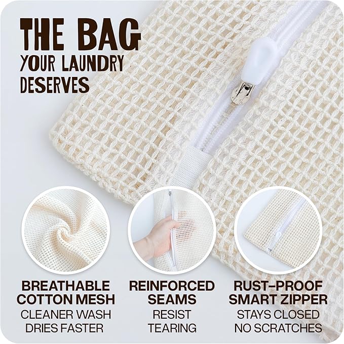 WoollyPals Large Cotton Mesh Laundry Bags (16" x 20") – 2-Pack with Drawstring Storage Pouch – Washer & Dryer Safe, Durable Zipper, Breathable Mesh for Clothes, Delicates, Underwear, Shoes & Lingerie