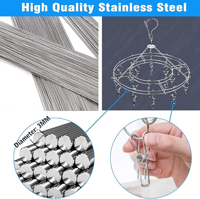 Stainless Steel Sock Drying Rack with 20 Clips, Stainless Steel Space-Saving Dryer Rack Washline with Peg for Sock,Towels,Bras,Underwear Etc Small Laundry Items (Stainless Steel-Round)