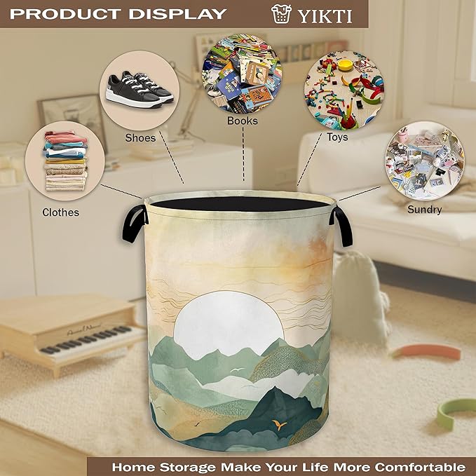 Laundry Hamper,Boho Sunrise Laundry Basket,Watercolor Green Mountain Portable Collapsible Laundry Room Organization Storage for Dorm Room,Nursery,Bathroom,Bedroom,16x20 Inch