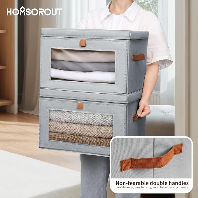 Large Closet Storage Bins - Collapsible Storage Bins with Handles & Window, Fabric Cube Organizer with Lids, Decorative Boxes for Living Room, Closet, Dorm, 4 Pack, Grey