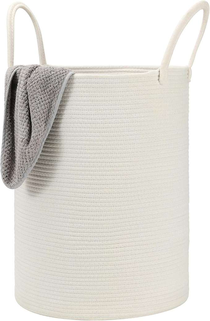 58L Cotton Rope Laundry Basket (20"x15"),Woven Basket for Storage Dirty Clothes Basket for Laundry, Living Room, Nursery, Bedroom Rope Storage Basket for Blankets（White）