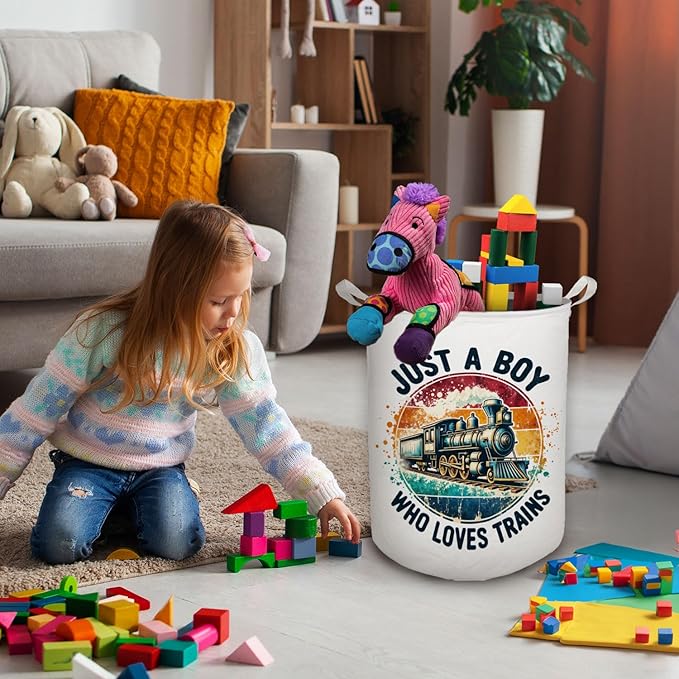 Just a Boy Who Loves Trains Laundry Basket, Toybox for Boys, Gifts for Train Lovers Enthusiasts Laundry Hamper Waterproof Collapsible Storage Bin Organizer for Bedroom Bathroom Dorm Clothes Toys