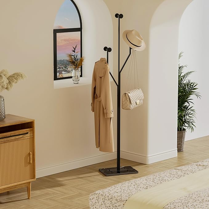Coat Rack Stand, Freestanding Metal Coat Rack with Sturdy Marble Base, Modern Standing Coat Rack Tree for Entryway, Bedroom, Office & Hallway, Space-Saving Design, Black, 68.9 Inches Tall