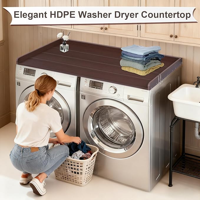 Chortmok Washer Dryer Countertop, HDPE Laundry Countertop with Edge Rails, No-Installation-Brown