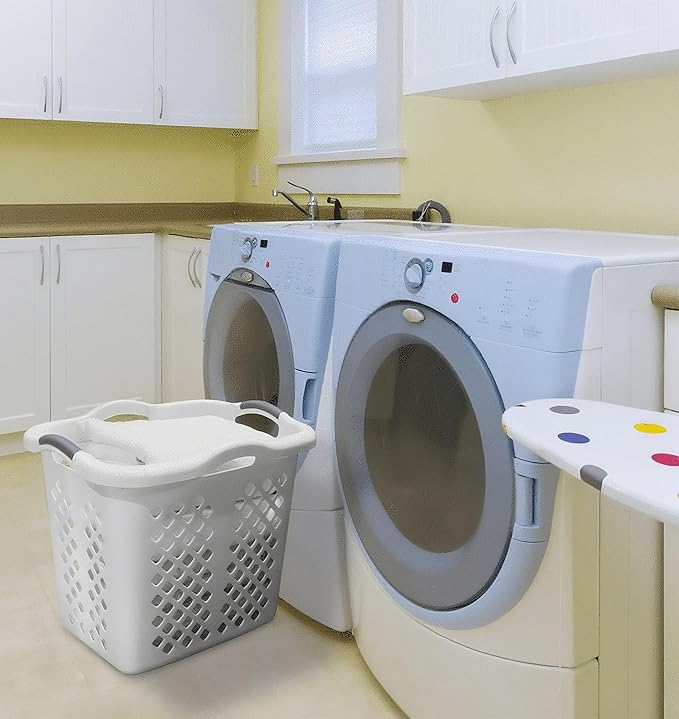 2-Pack 2 Bushel Plastic Laundry Basket with Silver Handles, Space-Saving Dirty Clothes Organizer for Home Apartment Dorm (White)