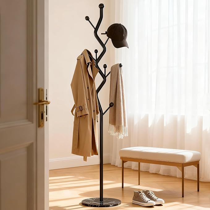 68.9 Inch Tall Modern coat Rack,Black Freestanding coat Rack Tree,Heavy-Duty Metal Coat Rack Stand with Sturdy Marble Base for Entryway,Hallway,Bedroom,Holds Coats Hats Bags Scarves