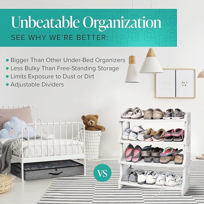 Woffit Under Bed Shoe Storage Organizer - Set of 2 Large Containers, Each Fits 12 Pairs of Shoes - Sturdy Box w/Adjustable Dividers - Underbed Shoe Storage for Kids & Adults, Beige