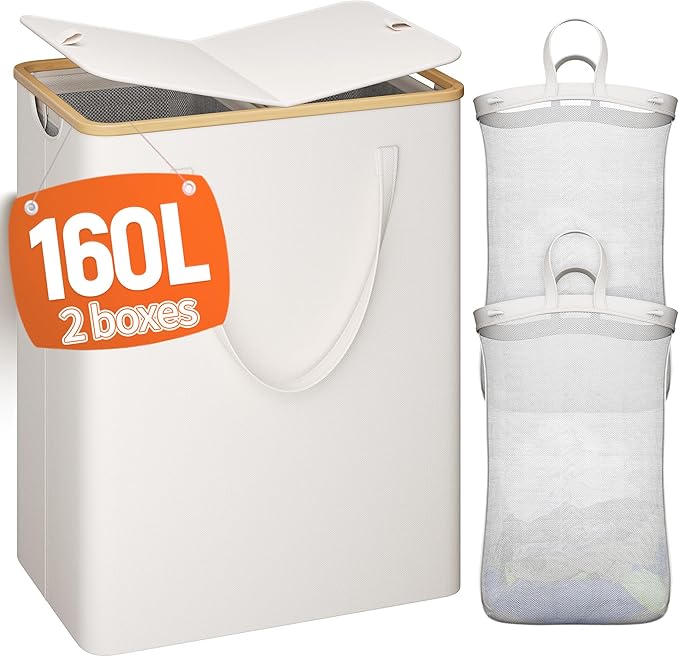 160L Double Laundry Hamper with Lid 2 Section, Large Bamboo Laundry Basket with 2 Removable Bags, Clothes Hampers for Laundry for Bedroom, Bathroom, Dorm, Laundry Room, Beige