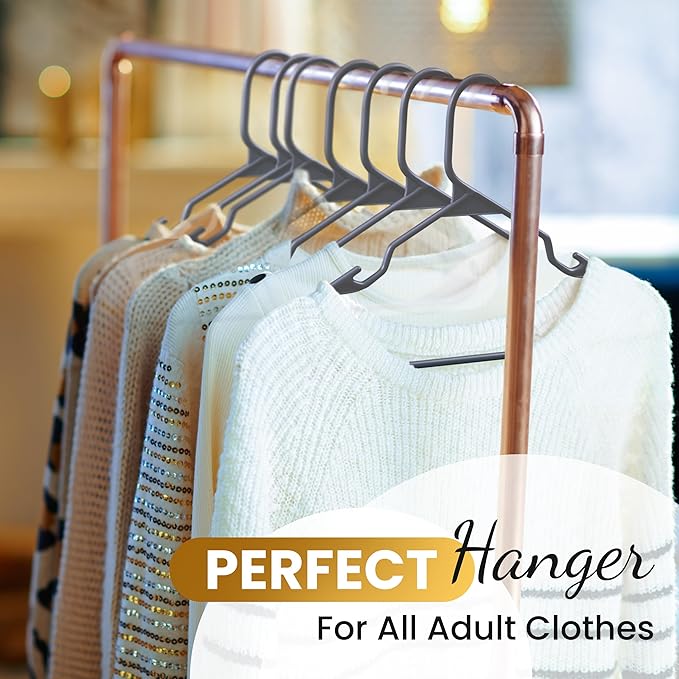 200 Pack Plastic Hanger for Shirt Pants Coats Dresses Skirts Suits Jackets - Standard Thick Coat Hanger - Sturdy & Durable Design with Shoulder Grooves Hook - Grey