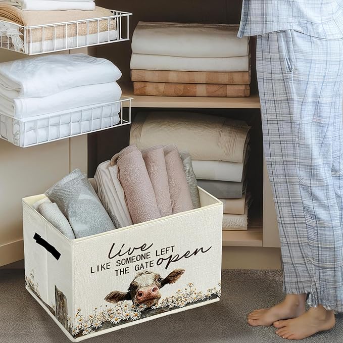 Rustic Cow Storage Bins & Boxes with Handles, Farmhouse Cow Foldable Basket for Organizing, Live Like Someone Left the Gate Open Collapsible Storage Basket for Bedroom Bathroom Clothes Toys